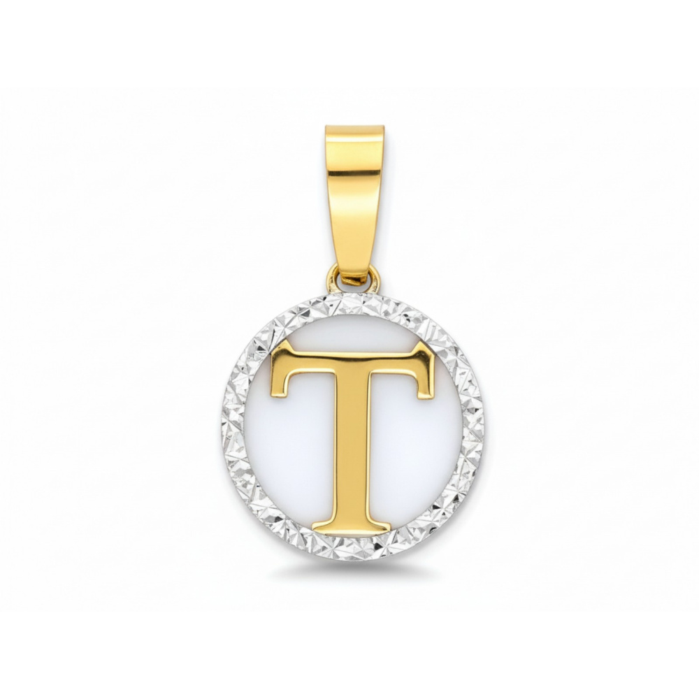 Złota zawieszka w kształcie litery T, próba 585, waga 0.75g. Elegancki wisiorek z literą T.
