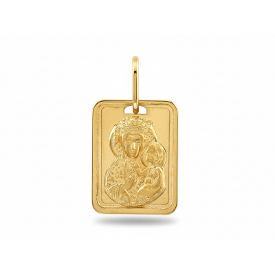 Złoty medalik z Matką Boską Częstochowską - prostokątna zawieszka, waga 0.63g. Elegancki symbol wiary, idealny na prezent.