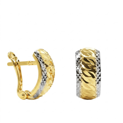 Eleganckie dwukolorowe złote kolczyki 585, 12x6 mm, z diamentowaniem.